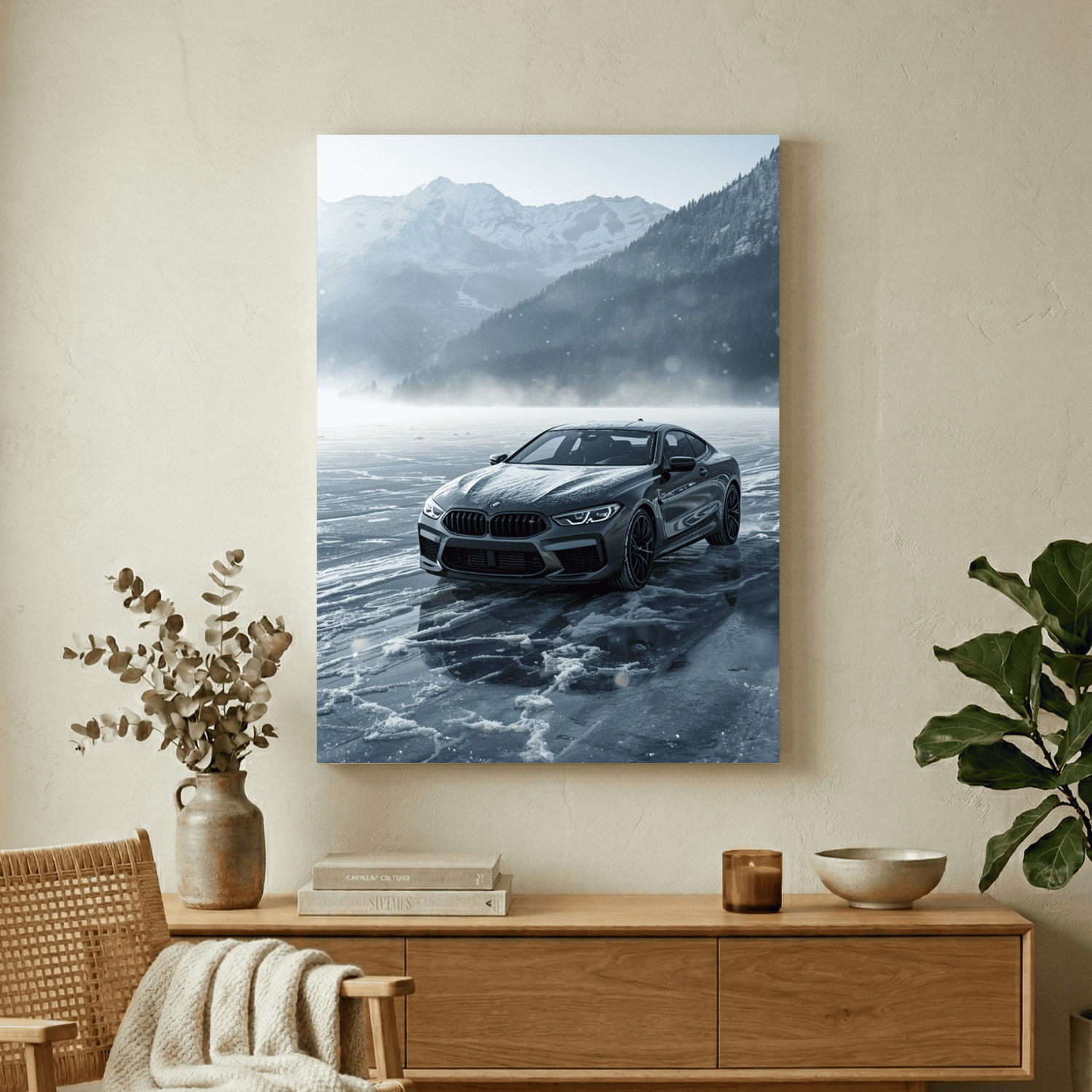 Картина на металі з автомобілем BMW на зимовому озері