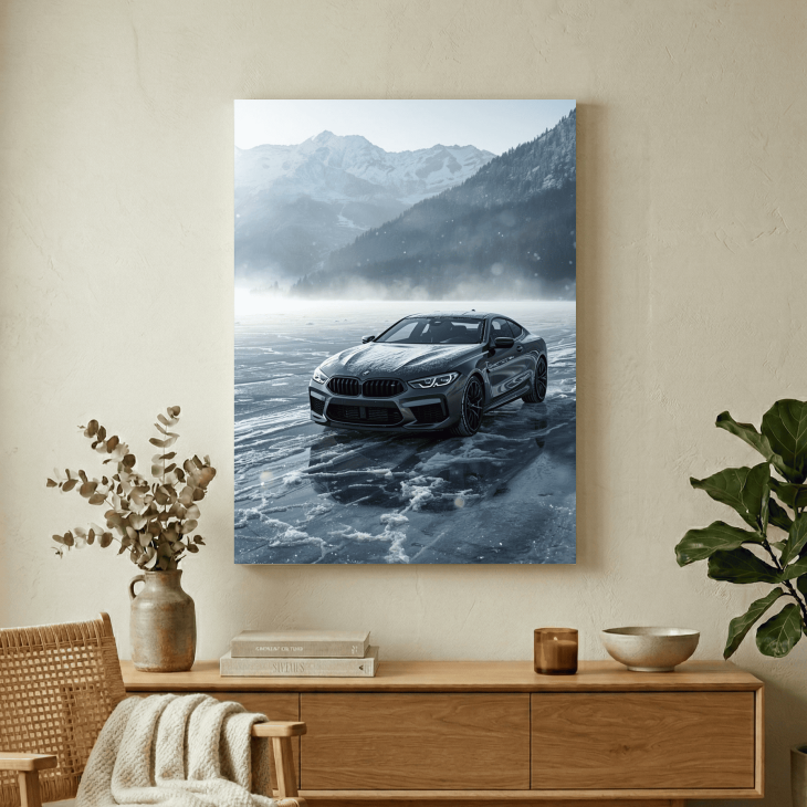 Картина на металі з автомобілем BMW на зимовому озері
