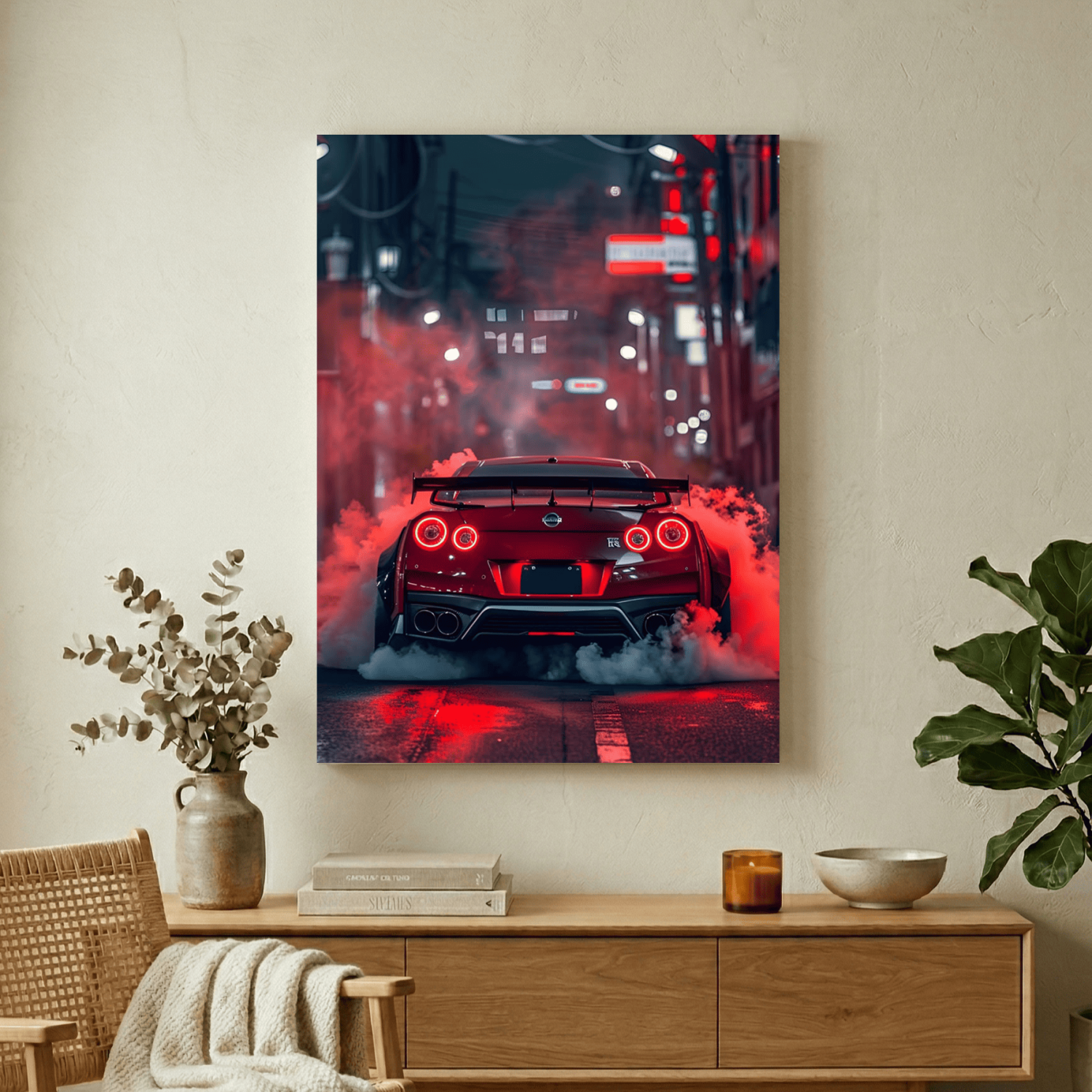 Картина на металі з автомобілем Nissan GT-R в міському тумані