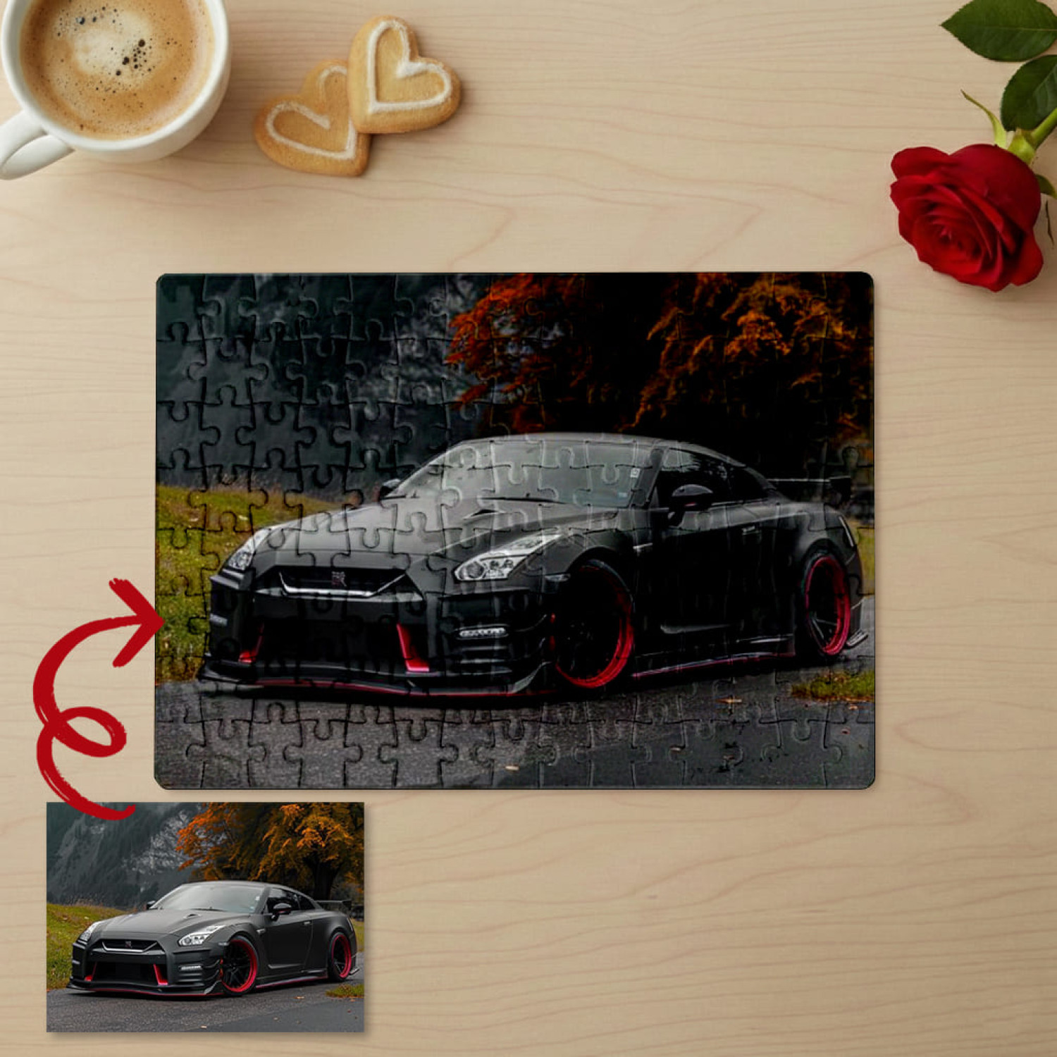 Пазл з фото Nissan GT-R на фоні осіннього пейзажу