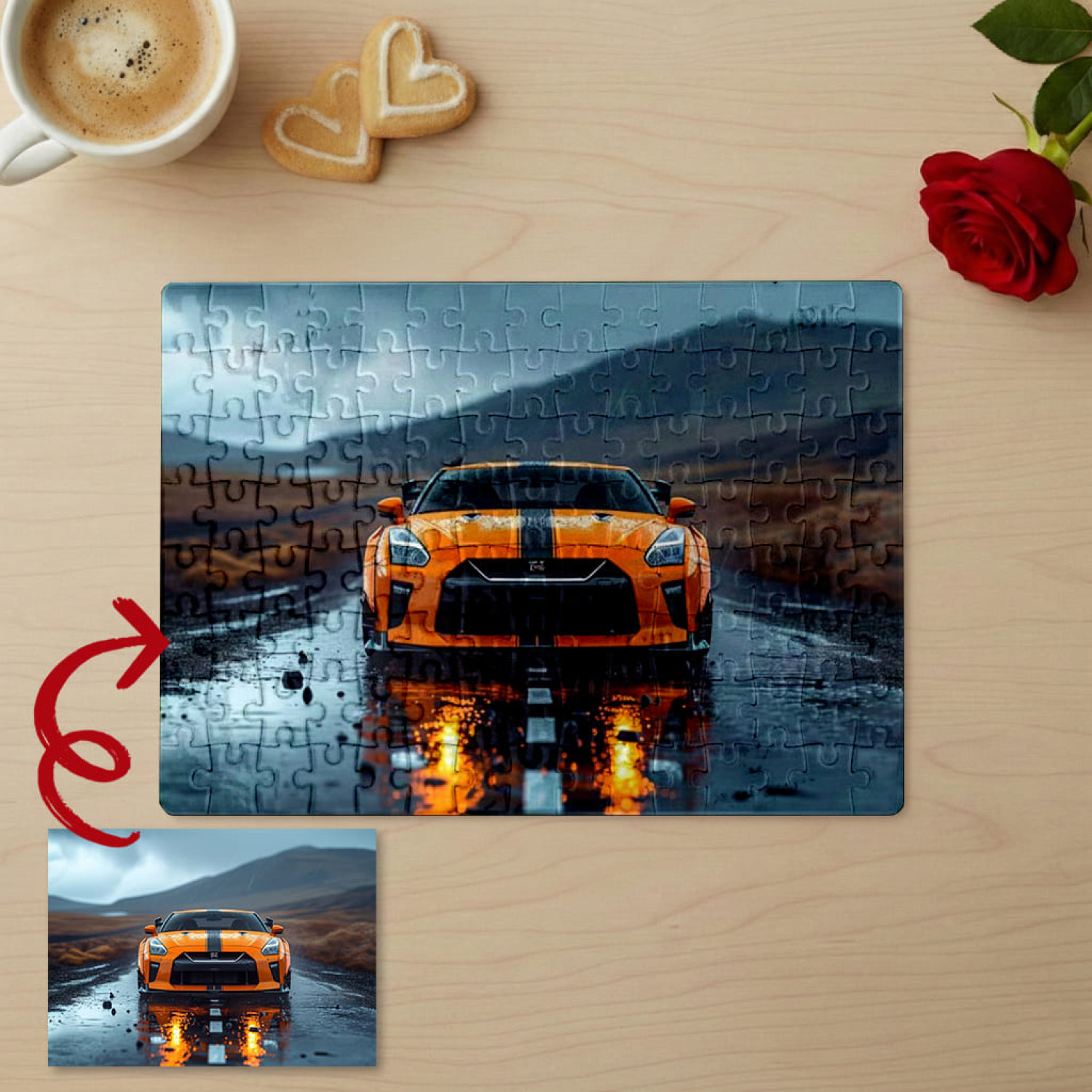 Пазл з фото Nissan GT-R на фоні дощового пейзажу
