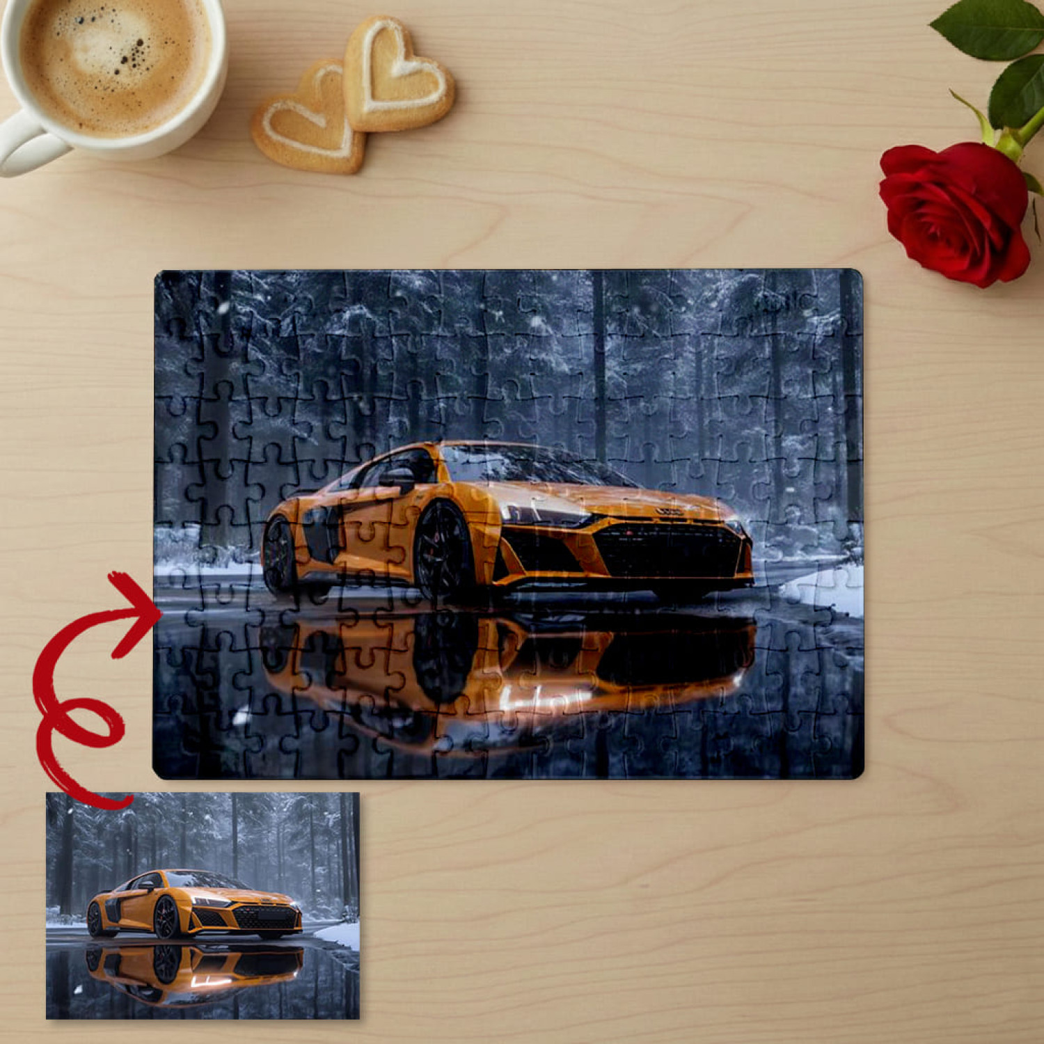Пазл з фото Audi R8 на фоні зимового пейзажу