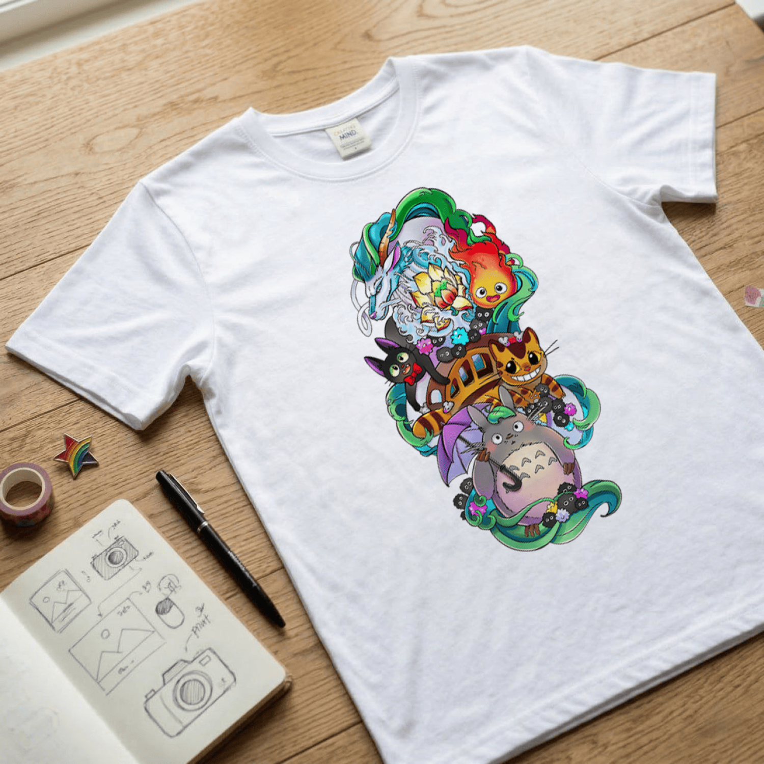 Аніме футболка Studio Ghibli з персонажами Totoro, Jiji, Calcifer та Catbus